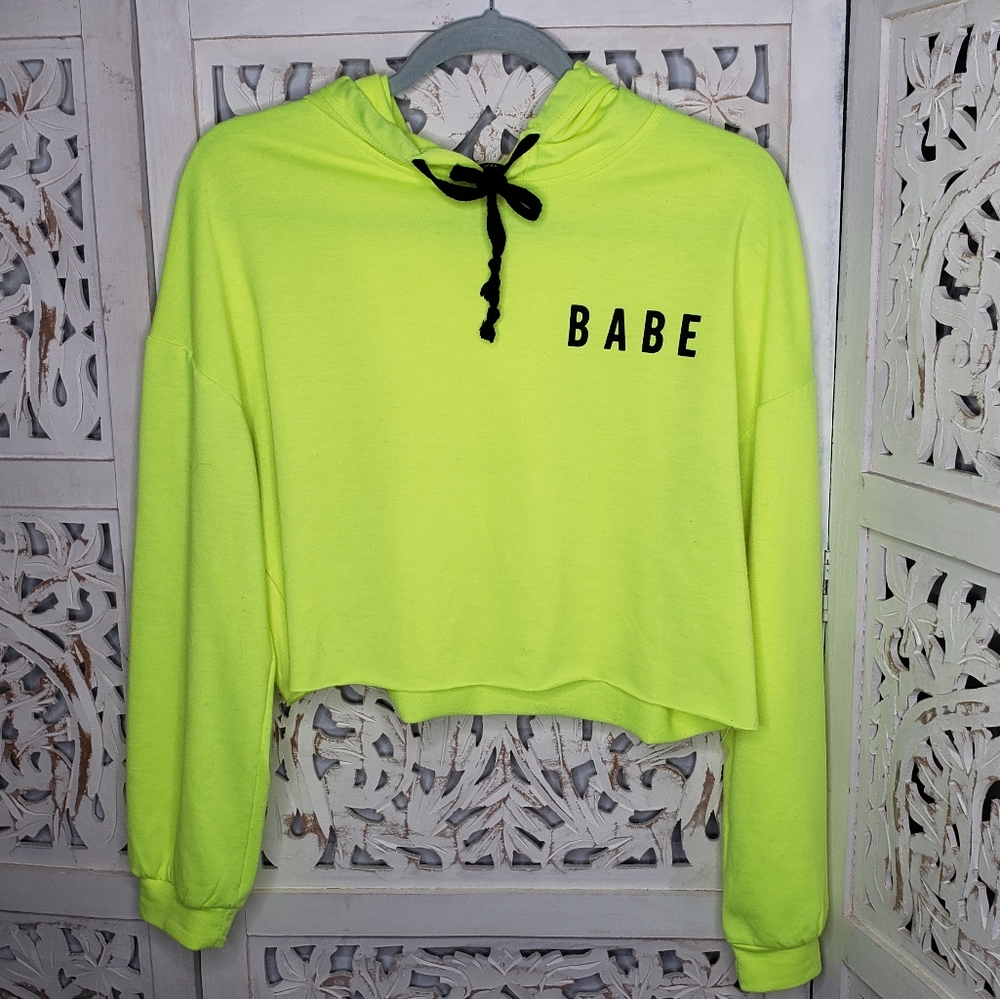Shein Neon Yellow Cropped Babe Hoodie